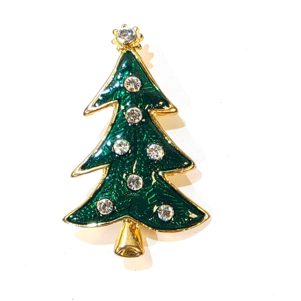 Vintage Gold Tone Clear Rhinestones Green Enamel Christmas Tree Brooch Pin